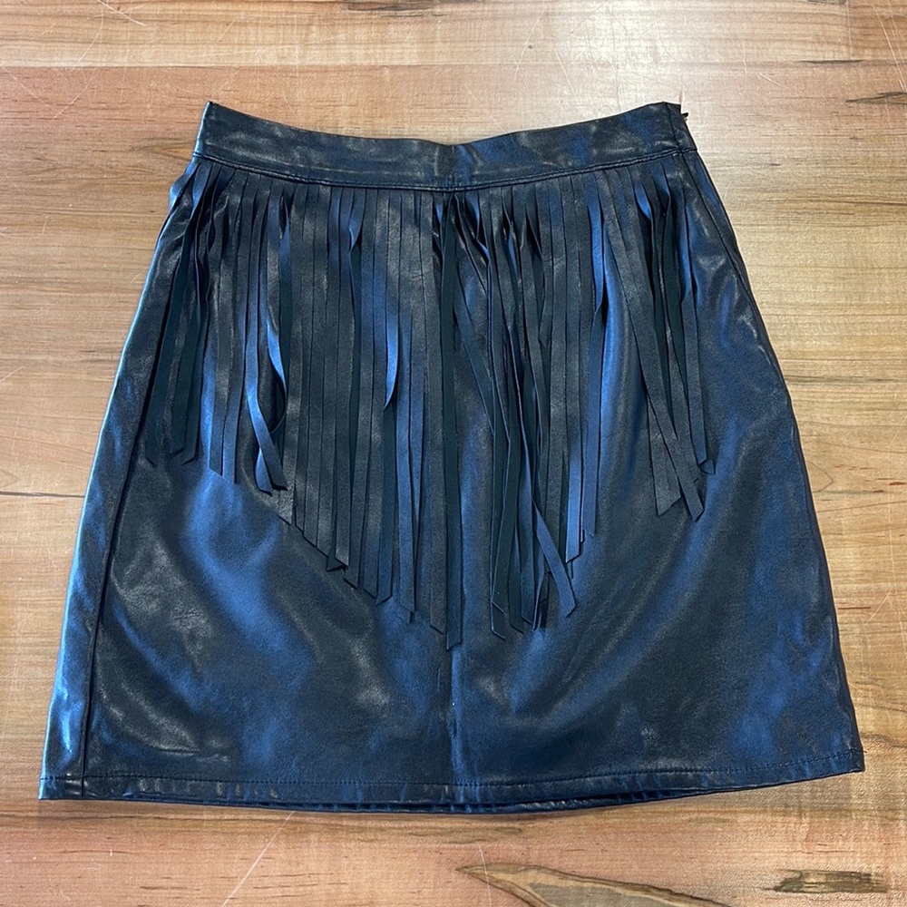 Black faux leather skirt with fringe